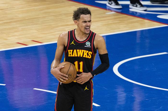 Atlanta Hawks guard Trae Young (11) reacts with fans in the closing seconds of a victory against the Philadelphia 76ers in game seven of the second round of the 2021 NBA Playoffs